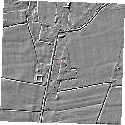 Shaded relief map of the ground around PE344PS, computed from Environment Agency LiDAR. The ground here sits at about 3 m above sea level and falls 5 m across the surrounding 800 m. Surface water reaching this point runs off ground lying to the south, 1.2 m higher.