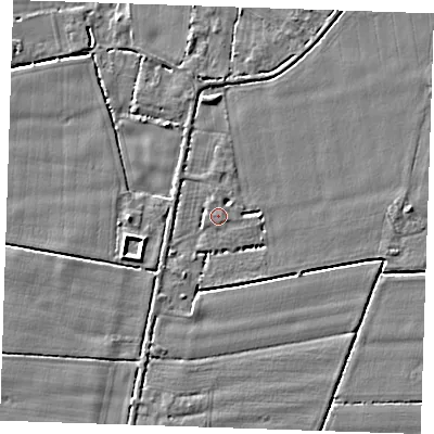 Shaded relief map of the ground around PE344PT, computed from Environment Agency LiDAR. The ground here sits at about 3 m above sea level and falls 3 m across the surrounding 800 m. Surface water reaching this point runs off ground lying to the north-north-west, 1.3 m higher.