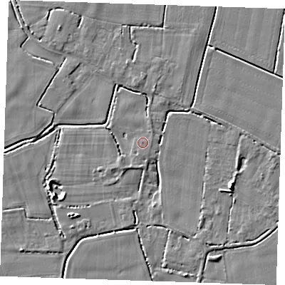 Shaded relief map of the ground around PE344PU, computed from Environment Agency LiDAR. The ground here sits at about 3 m above sea level and falls 5 m across the surrounding 800 m. Surface water reaching this point runs off ground lying to the south-south-west, 0.5 m higher.
