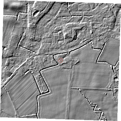 Shaded relief map of the ground around PE344PW, computed from Environment Agency LiDAR. The ground here sits at about 3 m above sea level and falls 4 m across the surrounding 800 m. Surface water reaching this point runs off ground lying to the south-south-east, 0.8 m higher.