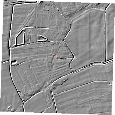 Shaded relief map of the ground around PE344PX, computed from Environment Agency LiDAR. The ground here sits at about 3 m above sea level and falls 5 m across the surrounding 800 m. Surface water reaching this point runs off ground lying to the north-east, 1.1 m higher.