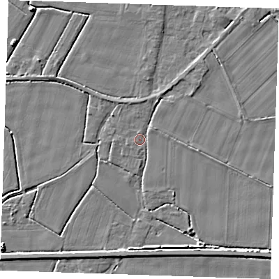 Shaded relief map of the ground around PE344PZ, computed from Environment Agency LiDAR. The ground here sits at about 3 m above sea level and falls 5 m across the surrounding 800 m. Surface water reaching this point runs off ground lying to the north-north-east, 1.8 m higher.