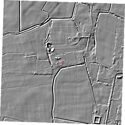 Shaded relief map of the ground around PE344QA, computed from Environment Agency LiDAR. The ground here sits at about 3 m above sea level and falls 5 m across the surrounding 800 m. Surface water reaching this point runs off ground lying to the west-north-west, 4.3 m higher.