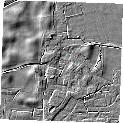 Shaded relief map of the ground around PE344QB, computed from Environment Agency LiDAR. The ground here sits at about 3 m above sea level and falls 5 m across the surrounding 800 m. Surface water reaching this point runs off ground lying to the south-south-west, 2.7 m higher.