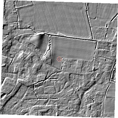 Shaded relief map of the ground around PE344QD, computed from Environment Agency LiDAR. The ground here sits at about 3 m above sea level and falls 4 m across the surrounding 800 m. Surface water reaching this point runs off ground lying to the west, 2.5 m higher.