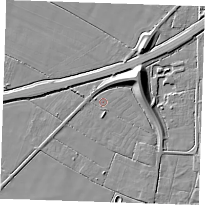 Shaded relief map of the ground around PE344QF, computed from Environment Agency LiDAR. The ground here sits at about 2 m above sea level and falls 12 m across the surrounding 800 m. Surface water reaching this point runs off ground lying to the west-north-west, 1.5 m higher.