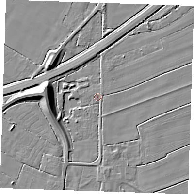Shaded relief map of the ground around PE344QG, computed from Environment Agency LiDAR. The ground here sits at about 2 m above sea level and falls 12 m across the surrounding 800 m. Surface water reaching this point runs off ground lying to the west-south-west, 5.5 m higher.