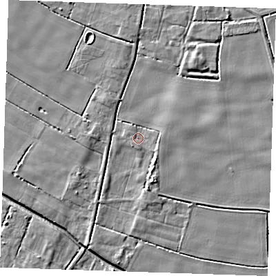 Shaded relief map of the ground around PE344QH, computed from Environment Agency LiDAR. The ground here sits at about 1 m above sea level and falls 6 m across the surrounding 800 m. Surface water reaching this point runs off ground lying to the east-south-east, 2.3 m higher.