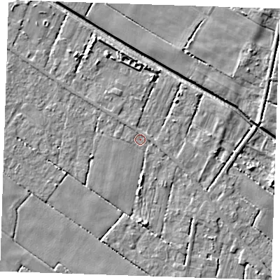 Shaded relief map of the ground around PE344QJ, computed from Environment Agency LiDAR. The ground here sits at about 2 m above sea level and falls 6 m across the surrounding 800 m. Surface water reaching this point runs off ground lying to the north, 1.0 m higher.