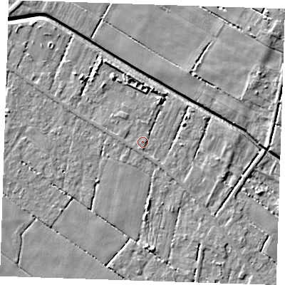 Shaded relief map of the ground around PE344QL, computed from Environment Agency LiDAR. The ground here sits at about 2 m above sea level and falls 6 m across the surrounding 800 m. Surface water reaching this point runs off ground lying to the south-south-west, 1.0 m higher.