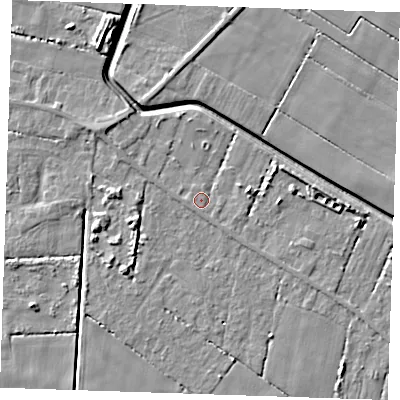 Shaded relief map of the ground around PE344QN, computed from Environment Agency LiDAR. The ground here sits at about 2 m above sea level and falls 7 m across the surrounding 800 m. Surface water reaching this point runs off ground lying to the east, 3.3 m higher.