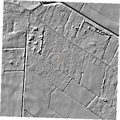 Shaded relief map of the ground around PE344QP, computed from Environment Agency LiDAR. The ground here sits at about 2 m above sea level and falls 6 m across the surrounding 800 m. The ground contributing surface water to this point lies to the south-south-west.
