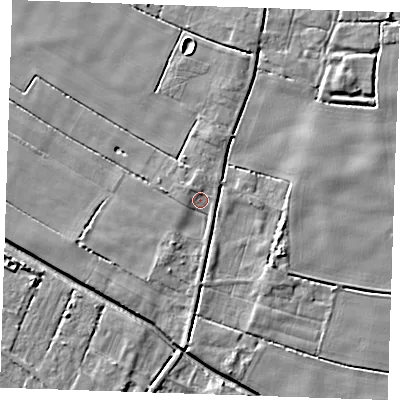 Shaded relief map of the ground around PE344QQ, computed from Environment Agency LiDAR. The ground here sits at about 2 m above sea level and falls 6 m across the surrounding 800 m. Surface water reaching this point runs off ground lying to the north-west, 2.5 m higher.