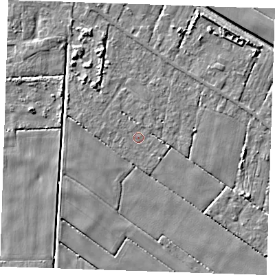 Shaded relief map of the ground around PE344QR, computed from Environment Agency LiDAR. The ground here sits at about 2 m above sea level and falls 6 m across the surrounding 800 m. Surface water reaching this point runs off ground lying to the north-west, 3.2 m higher.