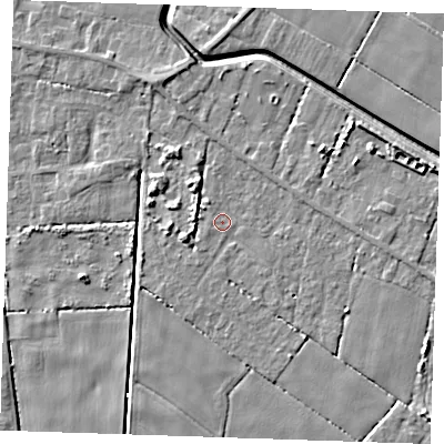 Shaded relief map of the ground around PE344QS, computed from Environment Agency LiDAR. The ground here sits at about 2 m above sea level and falls 6 m across the surrounding 800 m. Surface water reaching this point runs off ground lying to the west-south-west, 2.7 m higher.