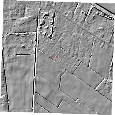 Shaded relief map of the ground around PE344QT, computed from Environment Agency LiDAR. The ground here sits at about 2 m above sea level and falls 6 m across the surrounding 800 m. Surface water reaching this point runs off ground lying to the north-west, 0.8 m higher.