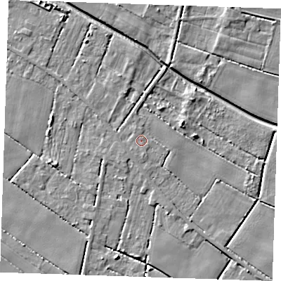 Shaded relief map of the ground around PE344QU, computed from Environment Agency LiDAR. The ground here sits at about 2 m above sea level and falls 6 m across the surrounding 800 m. Surface water reaching this point runs off ground lying to the south, 1.1 m higher.