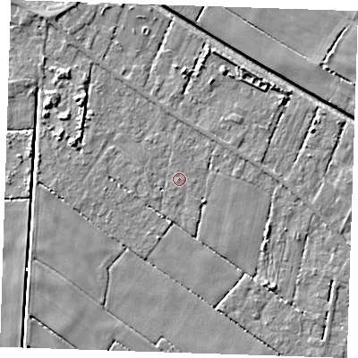 Shaded relief map of the ground around PE344QW, computed from Environment Agency LiDAR. The ground here sits at about 2 m above sea level and falls 6 m across the surrounding 800 m. Surface water reaching this point runs off ground lying to the south-west, 1.8 m higher.