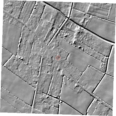 Shaded relief map of the ground around PE344QX, computed from Environment Agency LiDAR. The ground here sits at about 2 m above sea level and falls 6 m across the surrounding 800 m. Surface water reaching this point runs off ground lying to the north, 0.8 m higher.