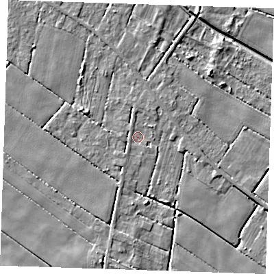 Shaded relief map of the ground around PE344QY, computed from Environment Agency LiDAR. The ground here sits at about 1 m above sea level and falls 6 m across the surrounding 800 m. Surface water reaching this point runs off ground lying to the south-west, 1.1 m higher.