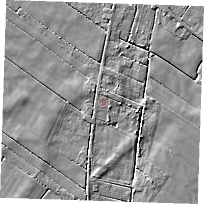 Shaded relief map of the ground around PE344QZ, computed from Environment Agency LiDAR. The ground here sits at about 2 m above sea level and falls 5 m across the surrounding 800 m. Surface water reaching this point runs off ground lying to the north-north-east, 1.2 m higher.