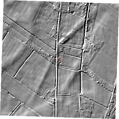 Shaded relief map of the ground around PE344RA, computed from Environment Agency LiDAR. The ground here sits at about 1 m above sea level and falls 4 m across the surrounding 800 m. Surface water reaching this point runs off ground lying to the east-south-east, 4.0 m higher.