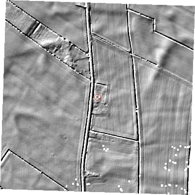 Shaded relief map of the ground around PE344RB, computed from Environment Agency LiDAR. The ground here sits at about 1 m above sea level and falls 4 m across the surrounding 800 m. Surface water reaching this point runs off ground lying to the south, 1.5 m higher.
