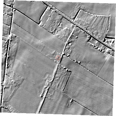 Shaded relief map of the ground around PE344RD, computed from Environment Agency LiDAR. The ground here sits at about 3 m above sea level and falls 5 m across the surrounding 800 m. Surface water reaching this point runs off ground lying to the west-north-west, 0.7 m higher.