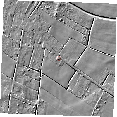 Shaded relief map of the ground around PE344RE, computed from Environment Agency LiDAR. The ground here sits at about 2 m above sea level and falls 6 m across the surrounding 800 m. Surface water reaching this point runs off ground lying to the west-south-west, 4.4 m higher.