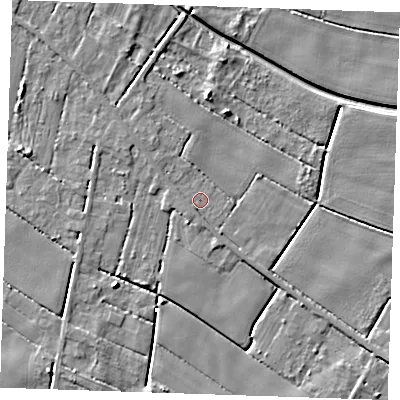 Shaded relief map of the ground around PE344RF, computed from Environment Agency LiDAR. The ground here sits at about 1 m above sea level and falls 6 m across the surrounding 800 m. Surface water reaching this point runs off ground lying to the south, 1.6 m higher.