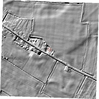 Shaded relief map of the ground around PE344RG, computed from Environment Agency LiDAR. The ground here sits at about 2 m above sea level and falls 4 m across the surrounding 800 m. Surface water reaching this point runs off ground lying to the north-north-west, 3.7 m higher.