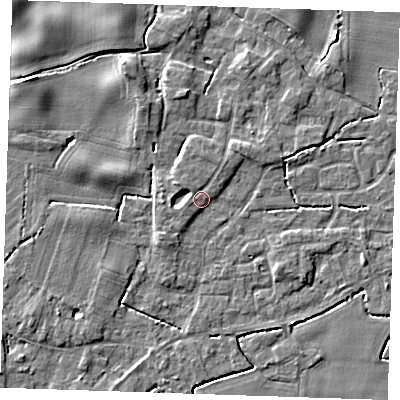 Shaded relief map of the ground around PE344RH, computed from Environment Agency LiDAR. The ground here sits at about 4 m above sea level and falls 5 m across the surrounding 800 m. Surface water reaching this point runs off ground lying to the north-east, 2.0 m higher.