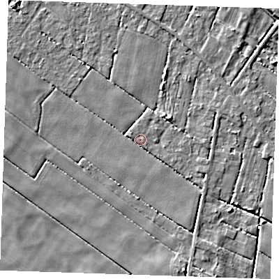 Shaded relief map of the ground around PE344RJ, computed from Environment Agency LiDAR. The ground here sits at about 2 m above sea level and falls 6 m across the surrounding 800 m. Surface water reaching this point runs off ground lying to the east-south-east, 2.1 m higher.