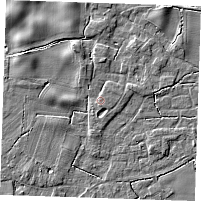 Shaded relief map of the ground around PE344RL, computed from Environment Agency LiDAR. The ground here sits at about 4 m above sea level and falls 5 m across the surrounding 800 m. Surface water reaching this point runs off ground lying to the north-north-west, 2.5 m higher.