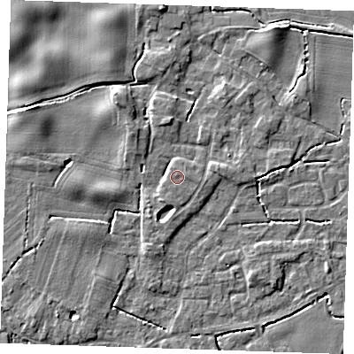 Shaded relief map of the ground around PE344RN, computed from Environment Agency LiDAR. The ground here sits at about 4 m above sea level and falls 5 m across the surrounding 800 m. Surface water reaching this point runs off ground lying to the east, 0.5 m higher.