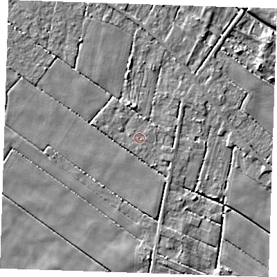 Shaded relief map of the ground around PE344RQ, computed from Environment Agency LiDAR. The ground here sits at about 2 m above sea level and falls 6 m across the surrounding 800 m. The ground contributing surface water to this point lies to the east-north-east.