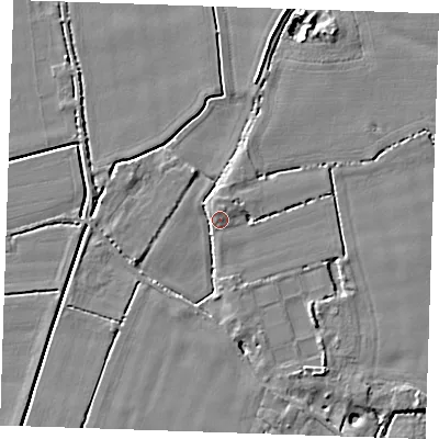 Shaded relief map of the ground around PE344RR, computed from Environment Agency LiDAR. The ground here sits at about 4 m above sea level and falls 5 m across the surrounding 800 m. Surface water reaching this point runs off ground lying to the north-north-west, 3.1 m higher.