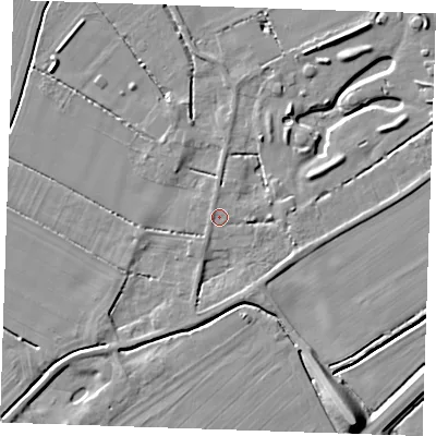 Shaded relief map of the ground around PE344RS, computed from Environment Agency LiDAR. The ground here sits at about 3 m above sea level and falls 12 m across the surrounding 800 m. Surface water reaching this point runs off ground lying to the east-south-east, 2.4 m higher.