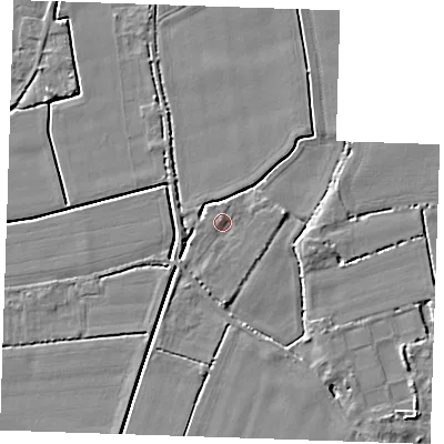 Shaded relief map of the ground around PE344RW, computed from Environment Agency LiDAR. The ground here sits at about 3 m above sea level and falls 4 m across the surrounding 800 m. Surface water reaching this point runs off ground lying to the north-west, 2.7 m higher.