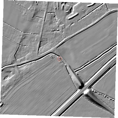 Shaded relief map of the ground around PE344RX, computed from Environment Agency LiDAR. The ground here sits at about 3 m above sea level and falls 11 m across the surrounding 800 m. Surface water reaching this point runs off ground lying to the west-north-west, 1.5 m higher.