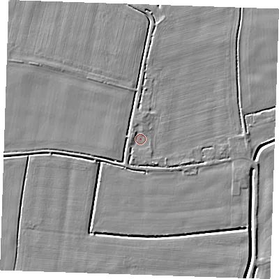 Shaded relief map of the ground around PE344RY, computed from Environment Agency LiDAR. The ground here sits at about 2 m above sea level and falls 4 m across the surrounding 800 m. Surface water reaching this point runs off ground lying to the north-west, 2.3 m higher.