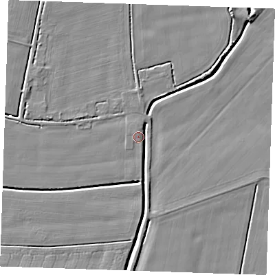 Shaded relief map of the ground around PE344RZ, computed from Environment Agency LiDAR. The ground here sits at about 2 m above sea level and falls 6 m across the surrounding 800 m. Surface water reaching this point runs off ground lying to the north, 3.5 m higher.