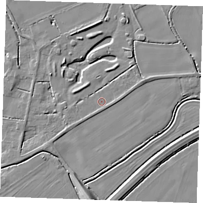 Shaded relief map of the ground around PE344SA, computed from Environment Agency LiDAR. The ground here sits at about 3 m above sea level and falls 10 m across the surrounding 800 m. Surface water reaching this point runs off ground lying to the west-north-west, 2.3 m higher.