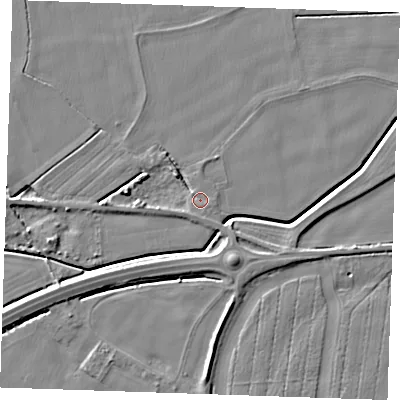 Shaded relief map of the ground around PE344SD, computed from Environment Agency LiDAR. The ground here sits at about 3 m above sea level and falls 6 m across the surrounding 800 m. Surface water reaching this point runs off ground lying to the east-south-east, 1.4 m higher.