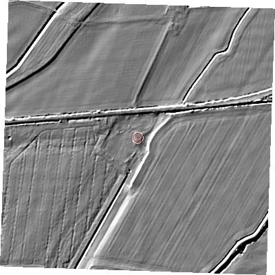 Shaded relief map of the ground around PE344SF, computed from Environment Agency LiDAR. The ground here sits at about 2 m above sea level and falls 6 m across the surrounding 800 m. Surface water reaching this point runs off ground lying to the south, 0.9 m higher.
