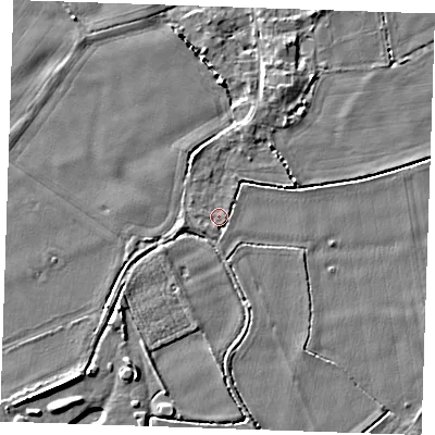 Shaded relief map of the ground around PE344SH, computed from Environment Agency LiDAR. The ground here sits at about 3 m above sea level and falls 5 m across the surrounding 800 m. Surface water reaching this point runs off ground lying to the west-south-west, 0.6 m higher.