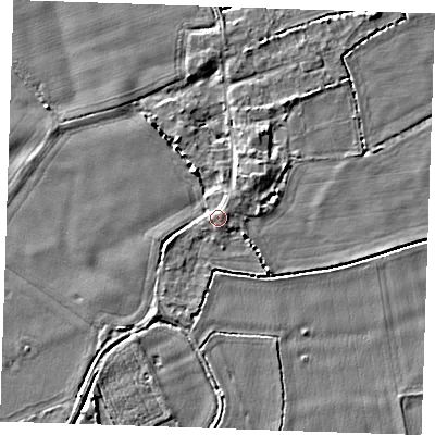Shaded relief map of the ground around PE344SJ, computed from Environment Agency LiDAR. The ground here sits at about 4 m above sea level and falls 4 m across the surrounding 800 m. Surface water reaching this point runs off ground lying to the north-west, 1.3 m higher.