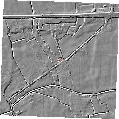 Shaded relief map of the ground around PE344SP, computed from Environment Agency LiDAR. The ground here sits at about 3 m above sea level and falls 5 m across the surrounding 800 m. Surface water reaching this point runs off ground lying to the west-south-west, 1.9 m higher.