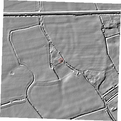 Shaded relief map of the ground around PE344SR, computed from Environment Agency LiDAR. The ground here sits at about 3 m above sea level and falls 4 m across the surrounding 800 m. Surface water reaching this point runs off ground lying to the south-east, 3.4 m higher.