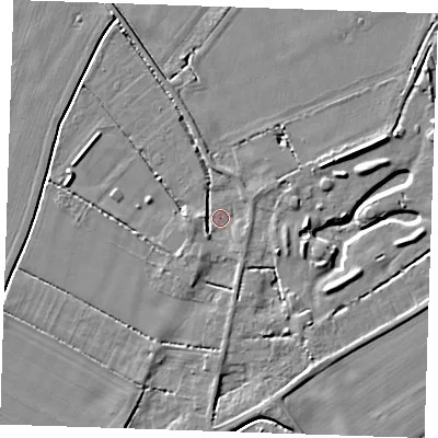 Shaded relief map of the ground around PE344SU, computed from Environment Agency LiDAR. The ground here sits at about 2 m above sea level and falls 5 m across the surrounding 800 m. Surface water reaching this point runs off ground lying to the west, 2.4 m higher.